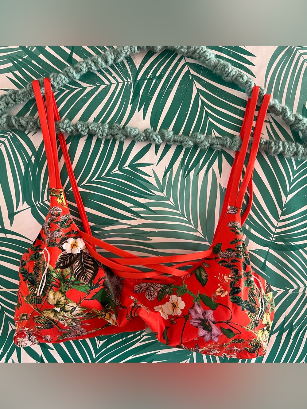 TiniBikini Red / Orange Floral reversible bikini top XL Strappy